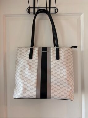 Michael Kors White Monogram Tote with Black and Gray Center Stripe